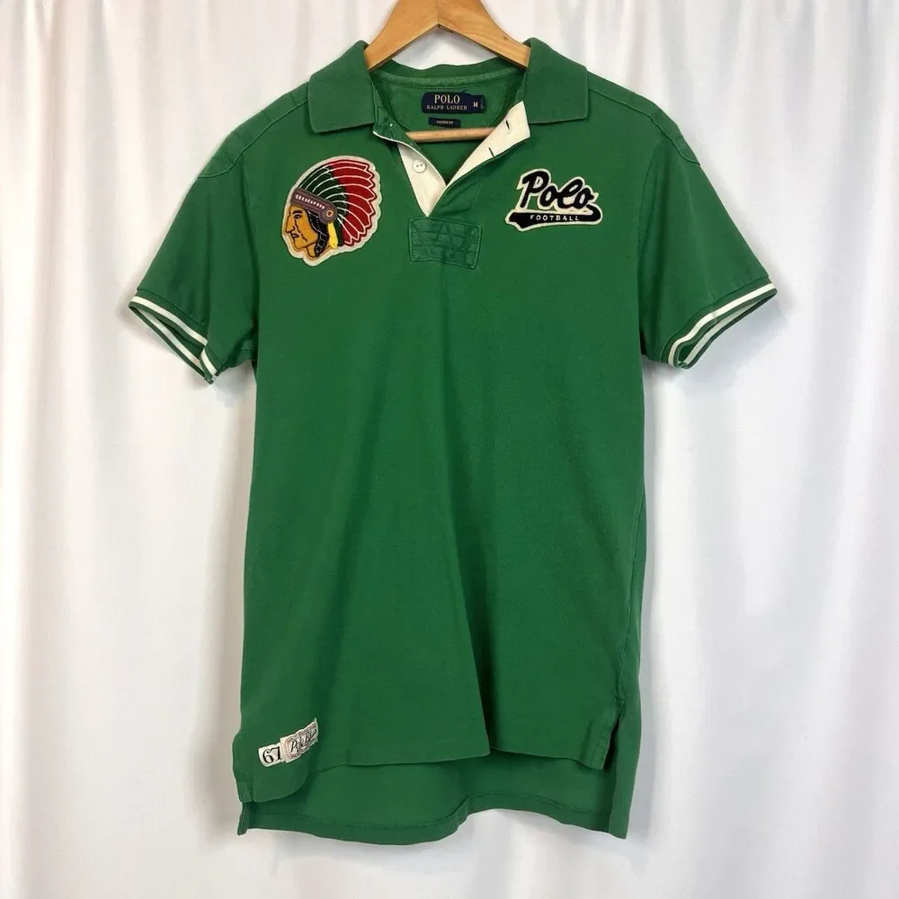 Polo Ralph Lauren Football Rugby Shirt Green Custom Fit Men’s Medium M Patches